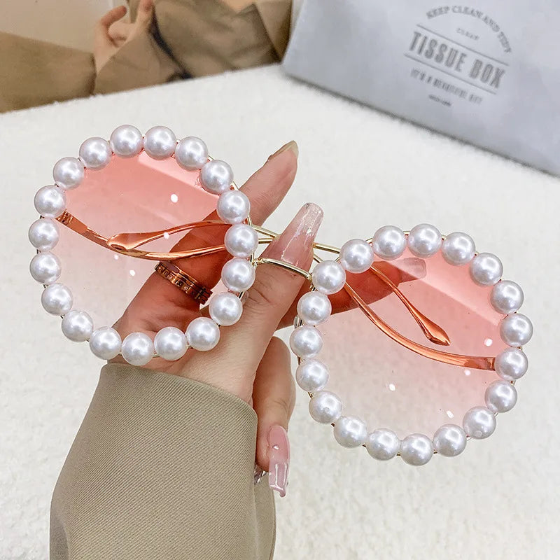 Luxury Pearl Metal Frame Round Sun glasses