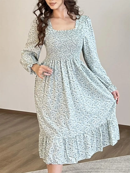 Long Sleeve Casual Chiffon Floral Elastic Chest Lace Up Midi Dress