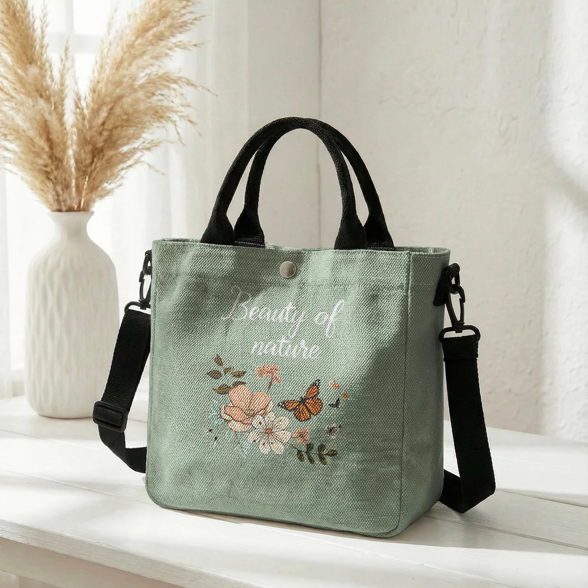 Floral Butterfly Letter Print Brown Canvas Tote Bag