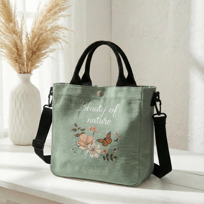 Floral Butterfly Letter Print Brown Canvas Tote Bag