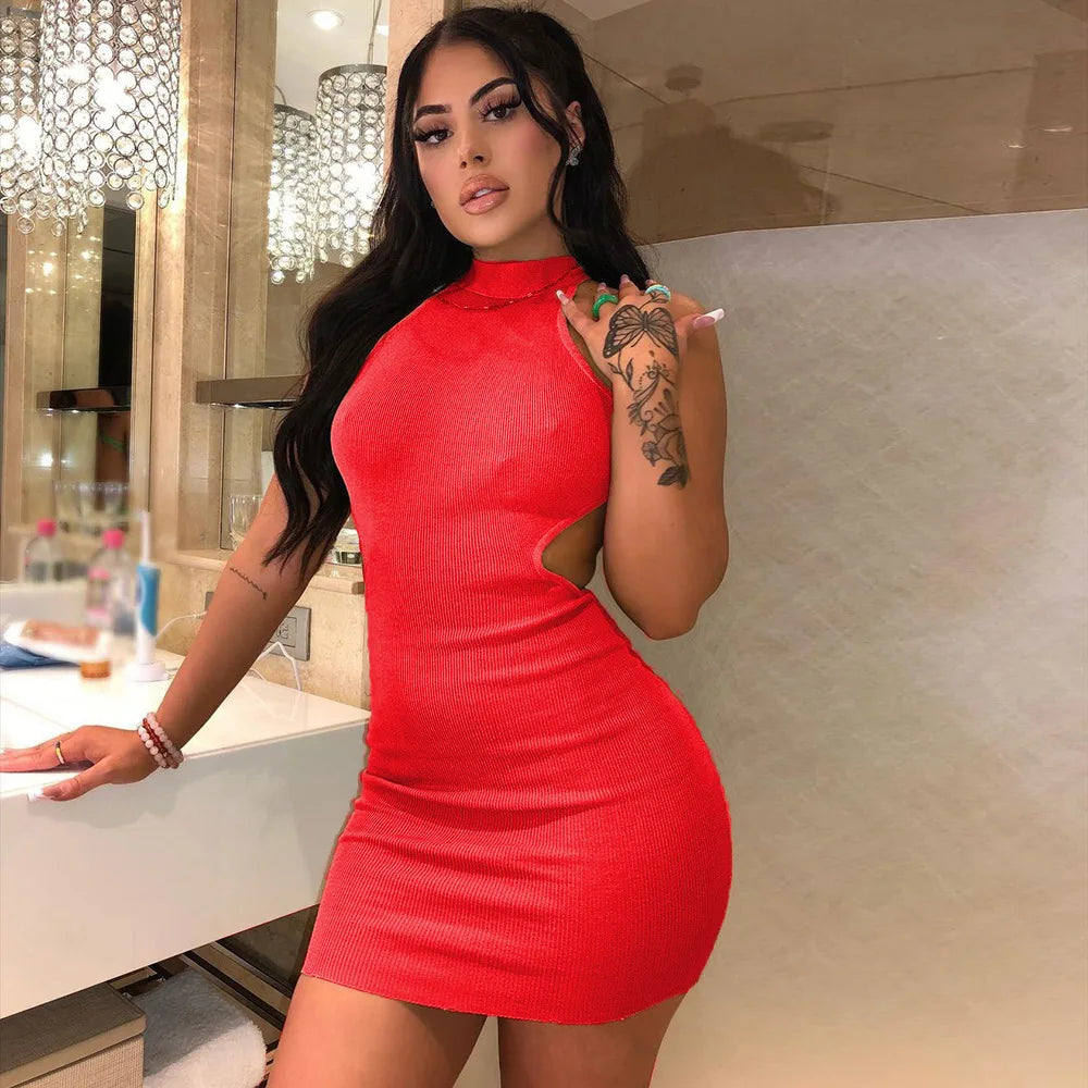 Sexy High Neck Halter Mini Sleeveless Cutout Waist Ribbed Bodycon Short Dress