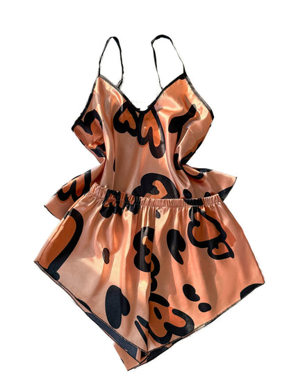 Heart Print Spaghetti Strap Sleepwear Bold Loungewear Pajama Sets