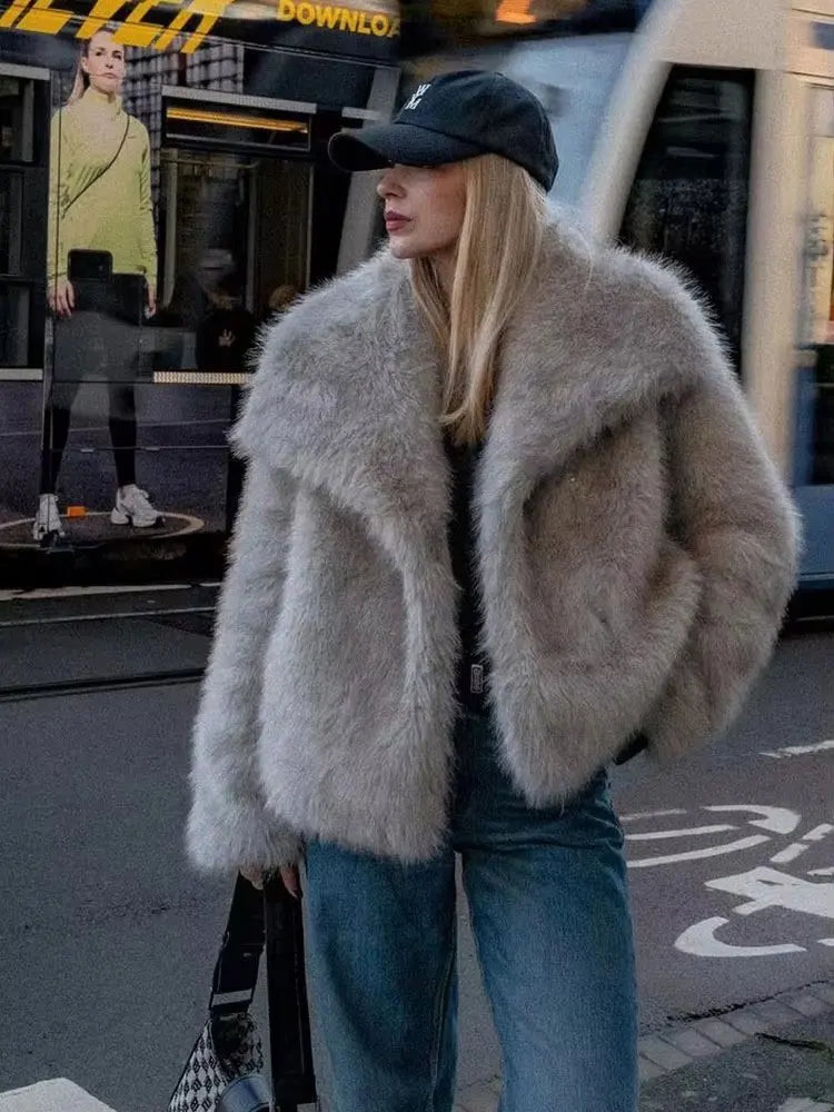 Elegant Faux Fur Warm Fluffy Loose Long Sleeve Lapel Jacket