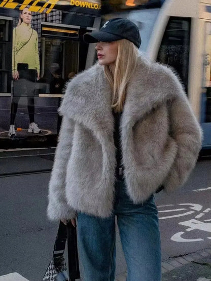 Elegant Faux Fur Warm Fluffy Loose Long Sleeve Lapel Jacket