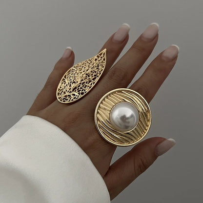 Punk Exaggerated Irregular Metal Wide Imitation Pearl Geometric Rings