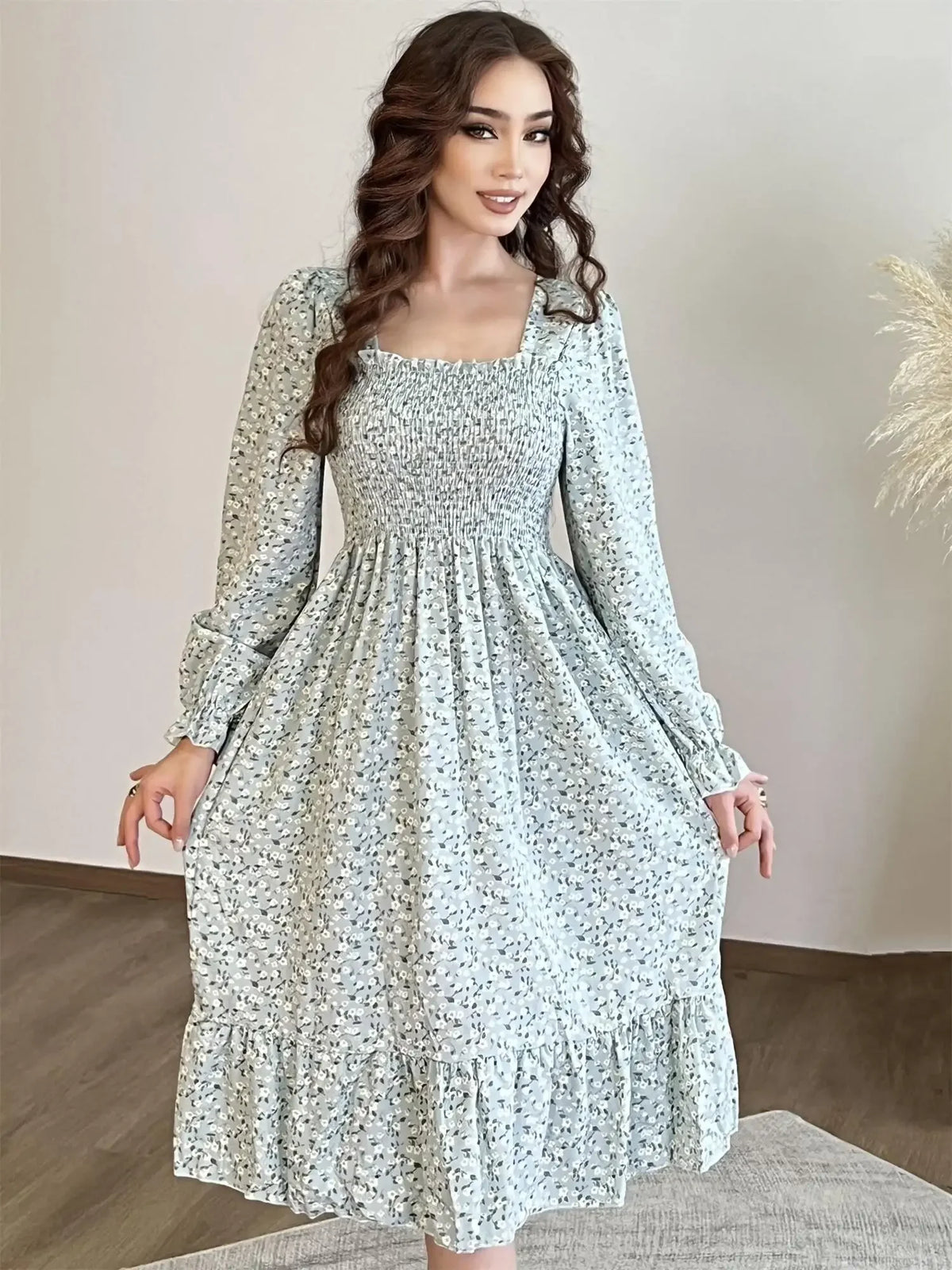 Long Sleeve Casual Chiffon Floral Elastic Chest Lace Up Midi Dress