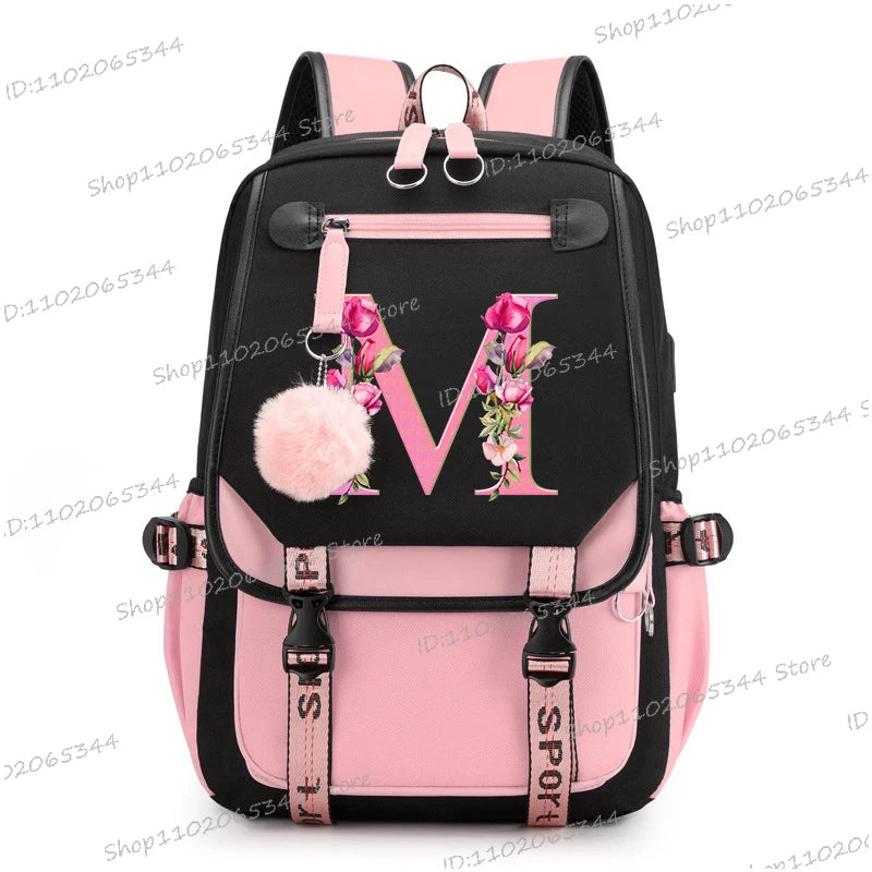 Black Pink Backpacks 26 Initials Flower A-Z Alphabet Large Capacity Students Bookbag