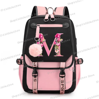 Black Pink Backpacks 26 Initials Flower A-Z Alphabet Large Capacity Students Bookbag