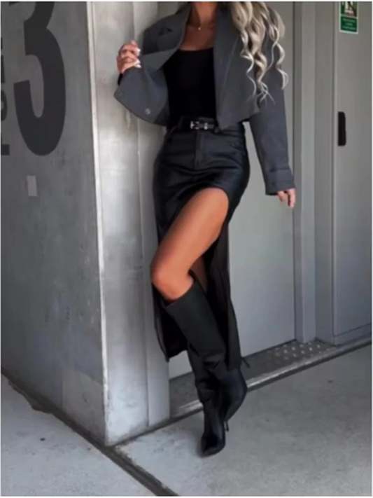 Mid Pu Leather slit sexy Hip Hugging Punk Style Autumn Skirt