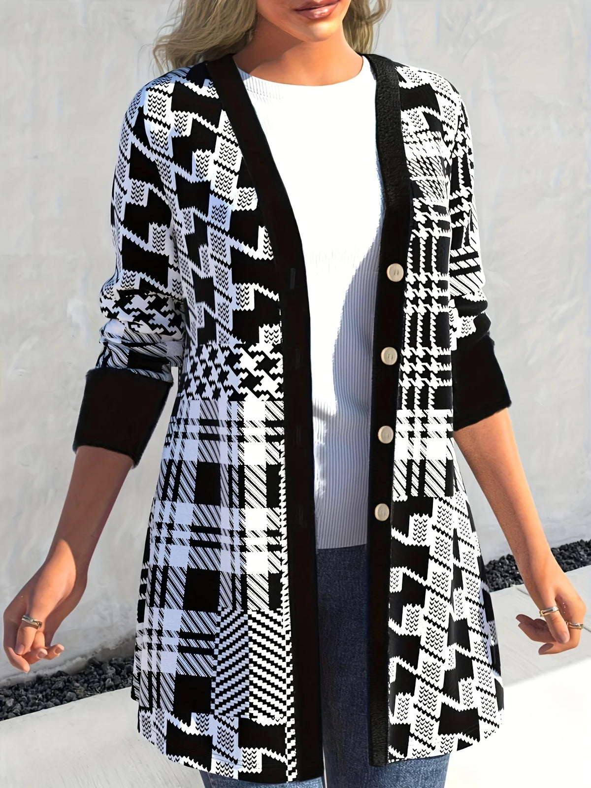 Elegant Geometric Print Button-Up Cardigan Knit Long Sleeve Open Front Sweater
