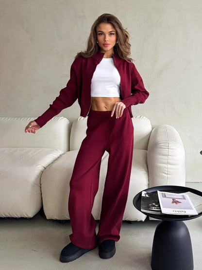 Knit Zip Up Cardigan Wide Leg Soft Fabric Cropped Sets