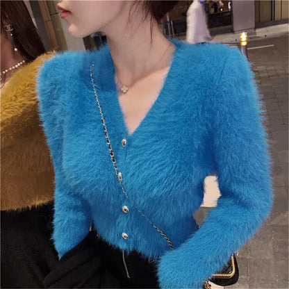 Streetwear Korean Knitwear Solid Slim Jumpers Cropped Mohair Sweater Coat