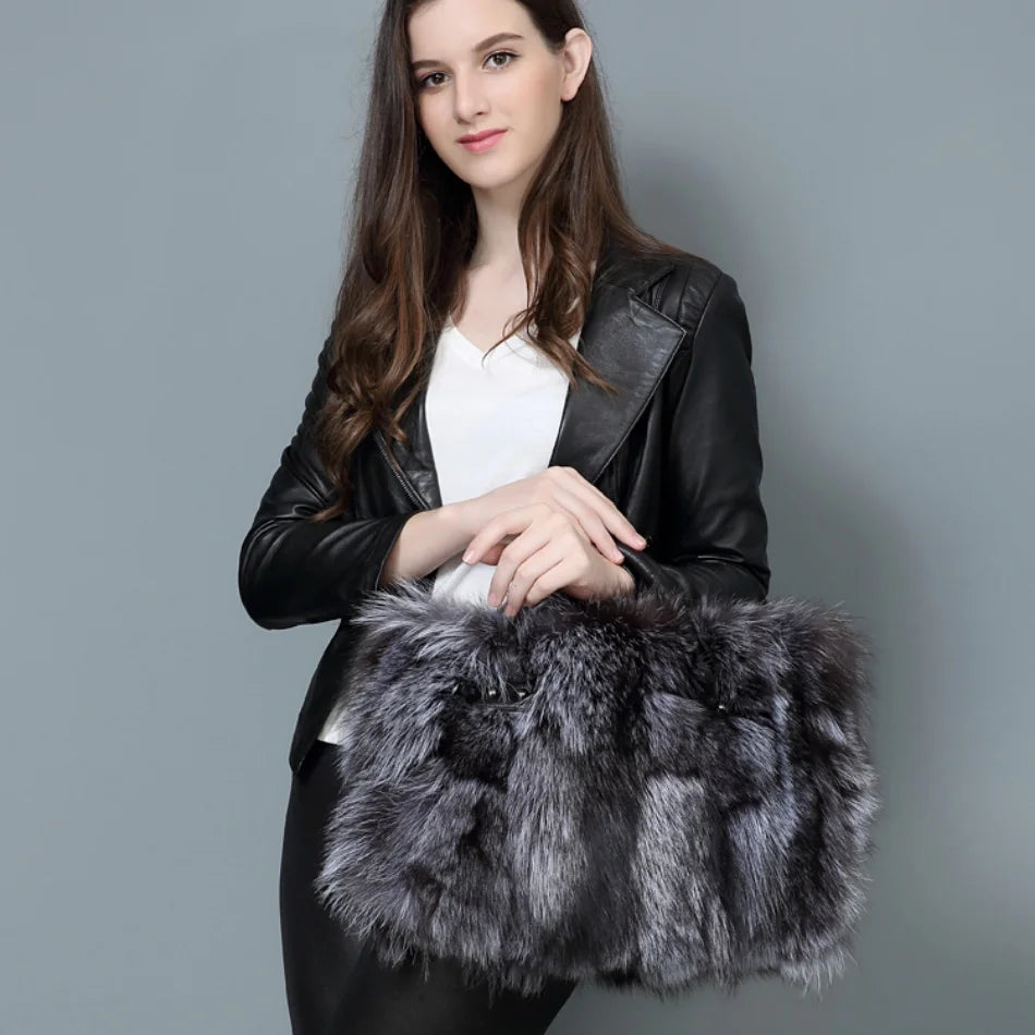 Real Fox Fur Large Size Plush Crossbody Luxury Handbags Fluffy Tote Bag