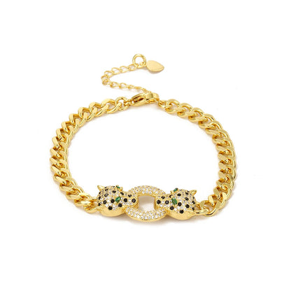 Classic Leopard Green Eye Hip Hop Cuban Chain Black Cubic Zirconia Bracelet
