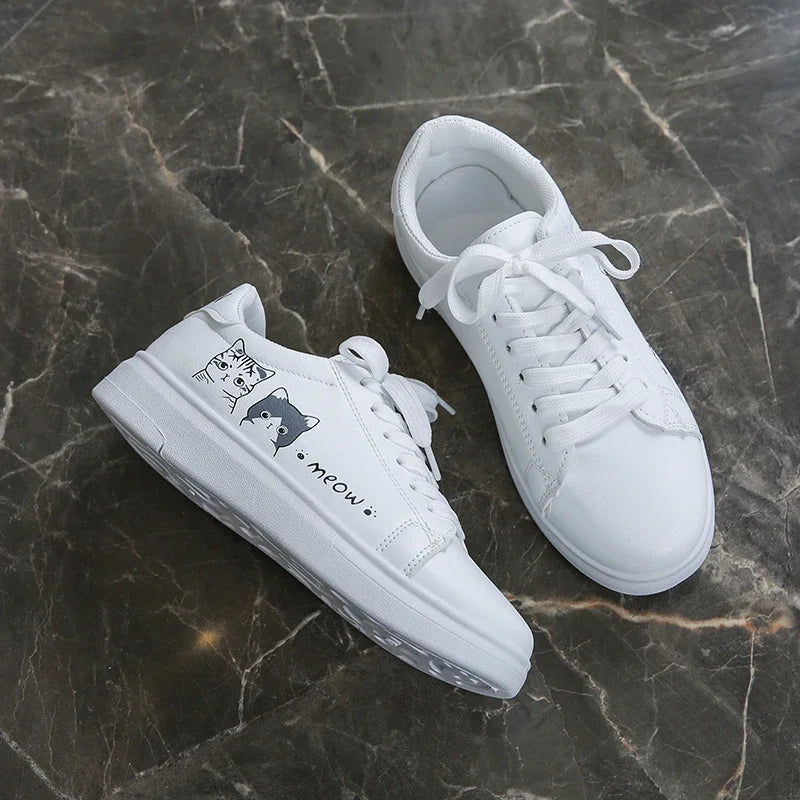 Breathable Vulcanized Cute Cat Cartoon Lace Casual Sneakers