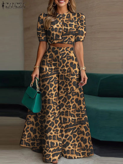 Conjunto de pantalón y pantalón de pierna ancha con manga corta abullonada