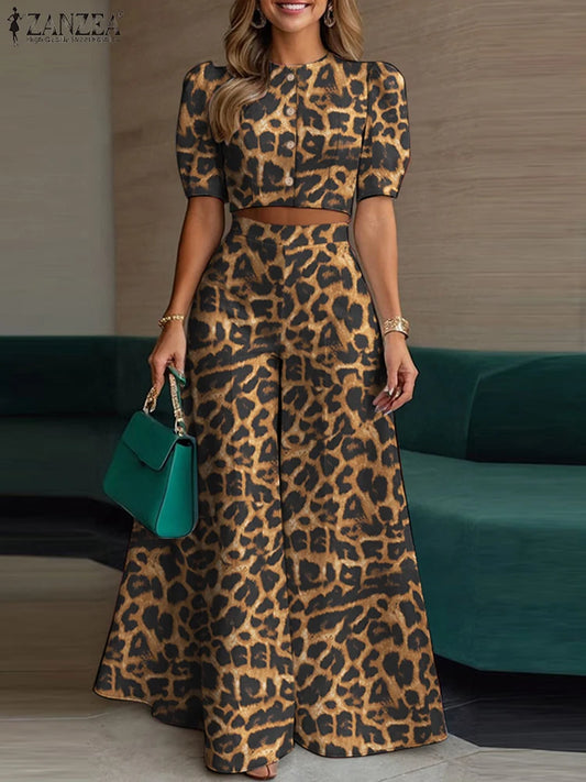 Conjunto de pantalón y pantalón de pierna ancha con manga corta abullonada