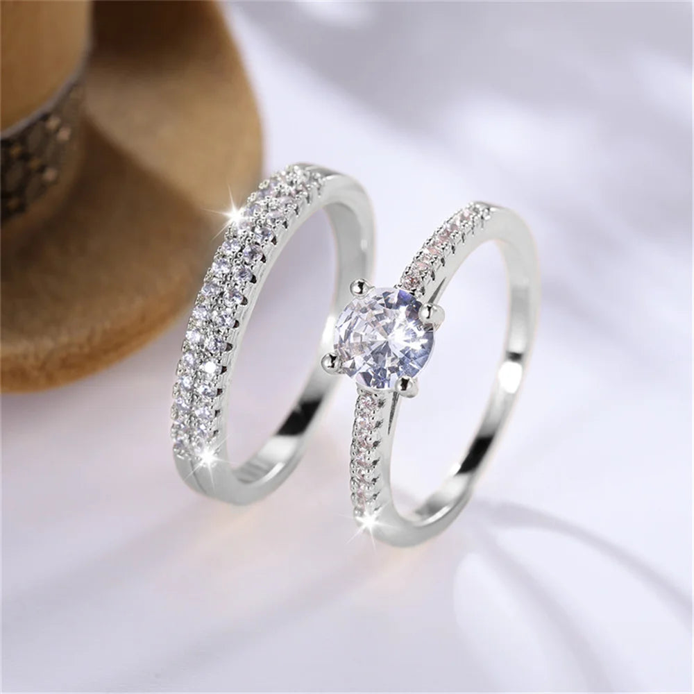 2pcs Small Round White Zircon Stone Ring Set