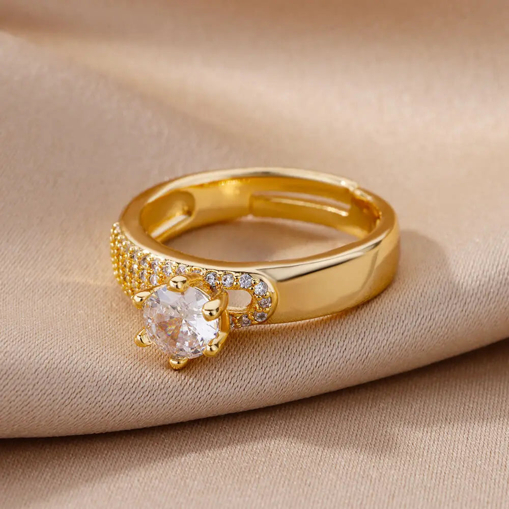 Stainless Steel Round Zircon Geometric Gold Crystal Ring