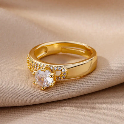 Stainless Steel Round Zircon Geometric Gold Crystal Ring