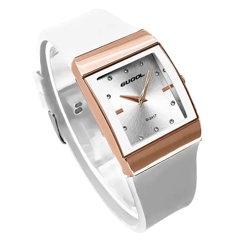 Quartz Rose Gold Square Case Black Silicone Strap Dial Crystal Watch
