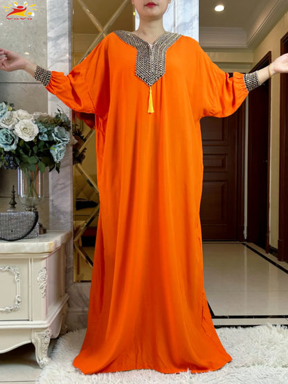 Muslim Long Sleeve Cotton With Big Scarf African Abaya
