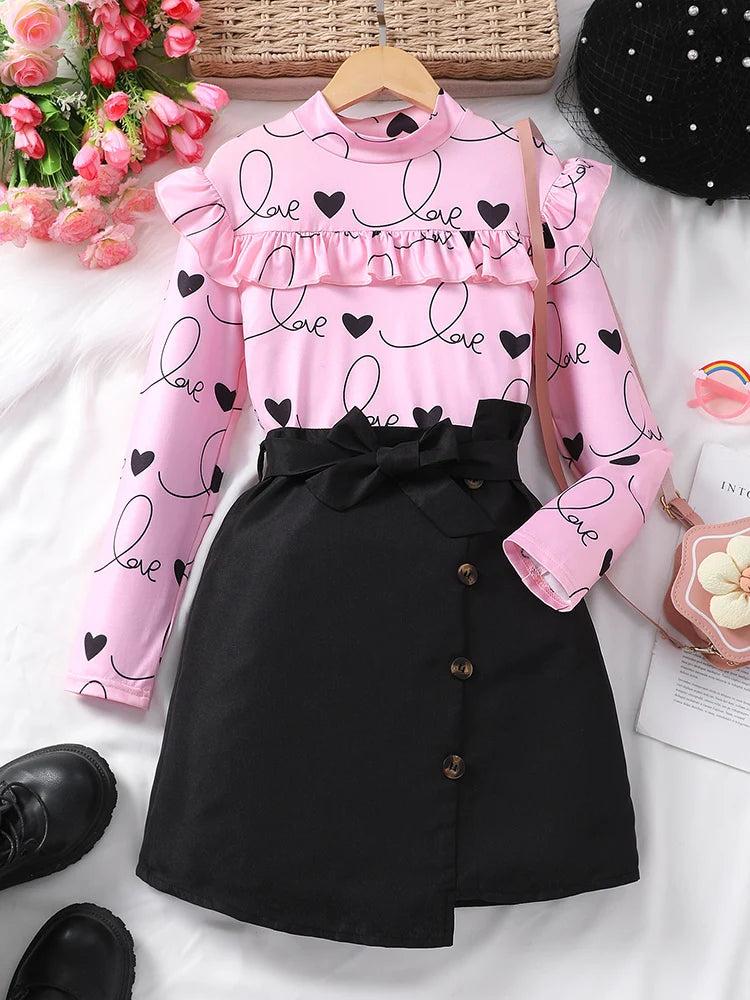 Autumn And Winter Sweet And Cute Love Long Sleeve &Half Skirt Two Set
