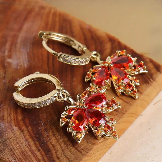 Dainty Rhinestone CZ Dangling Golden Leaf Small Hoop Dangle Earrings