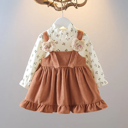 Kid Girl Long Sleeve Floral Lovely Bear Corduroy Strap Style Dress