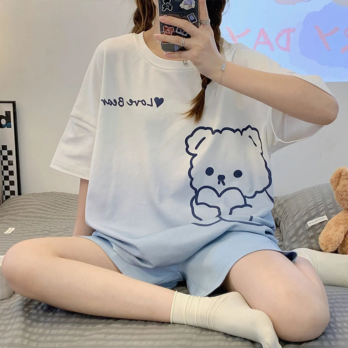 Loose Fit Cartoon Bear Short Sleeve Gradient Casual Pajamas Sets
