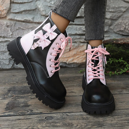 Sweet Pink Bowknot Mix Color Ankle Thick Bottom Lace Up Boots
