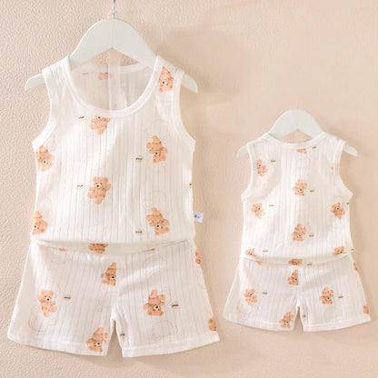 Cartoon Thin Style Sleeveless Baby Pajamas Set