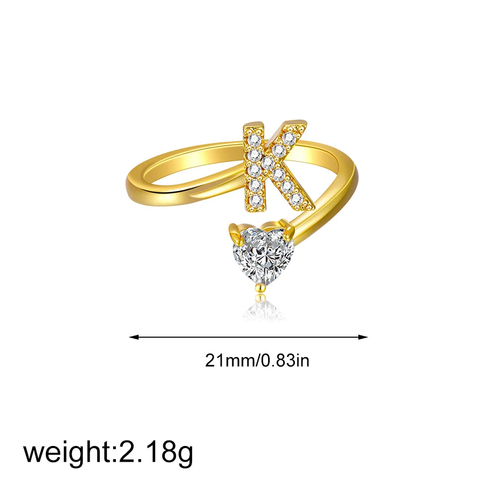 Gold Letter Open Heart Shape Cubic Zirconia  A-Z 26 Letter  Lnitials Rings