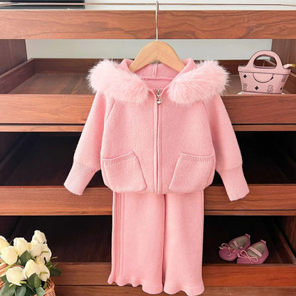 Autumn and Winter Wool Collar Hooded Sweater Pants Set