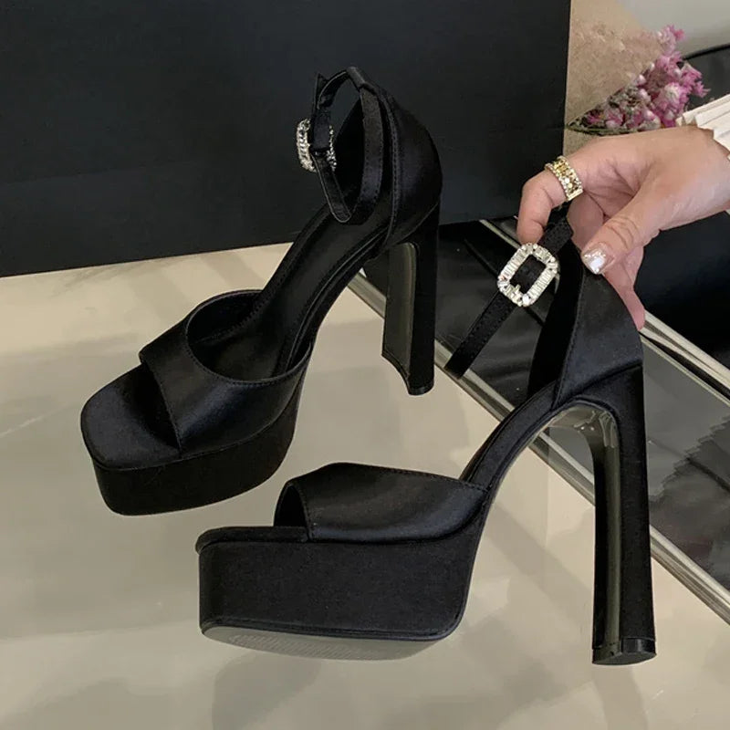 Black High Heels Silk Square Toe Shoes