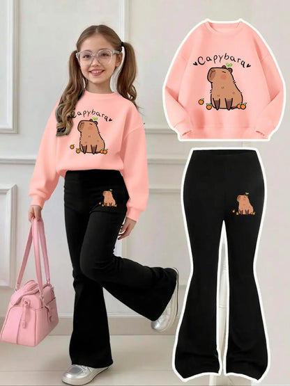 Cute Capybara Sweatshirt and Flared Pants Set for Aged 4-12