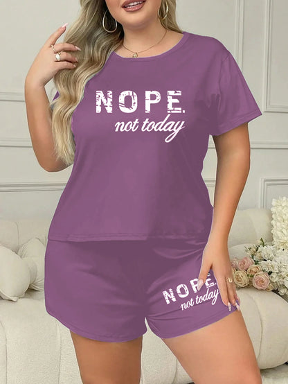 Letters Print Short Sleeve Tee And Elastic Shorts Plus Size Fit Pajama Set