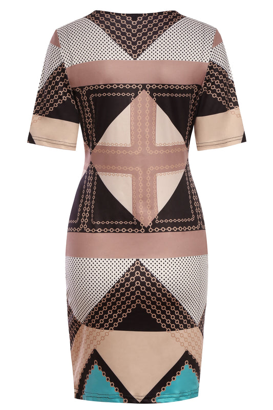 Short Sleeve Geometry Print Crew Neck Work Mini Slim Pencil Bodycon Sheath Dress