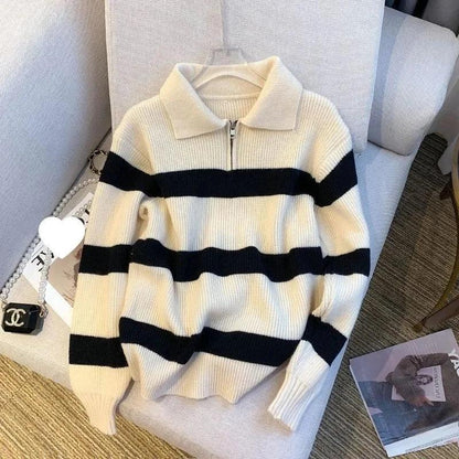 Loose Polo Neck Striped Korean Style Sweater