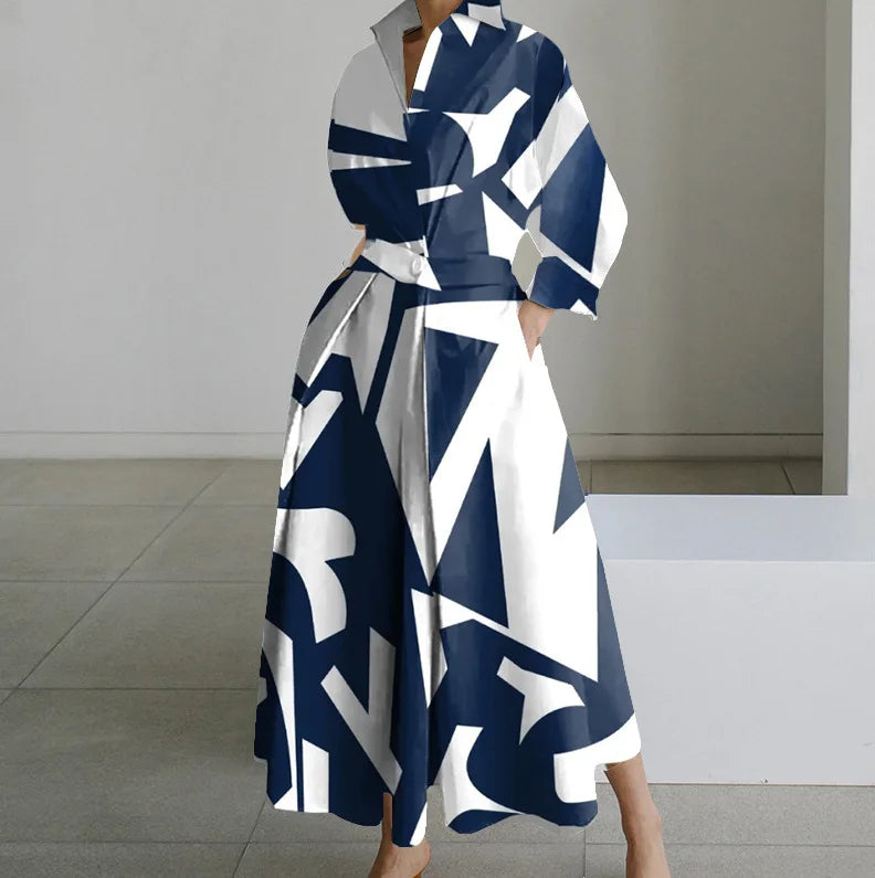 Plus Size Lapel Oil Painting Button Shirt Dress