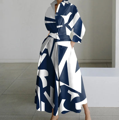 Plus Size Lapel Oil Painting Button Shirt Dress