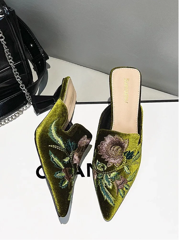 Elegant Velvet Mule Heels Pointed Toe Cone Heel Shoes