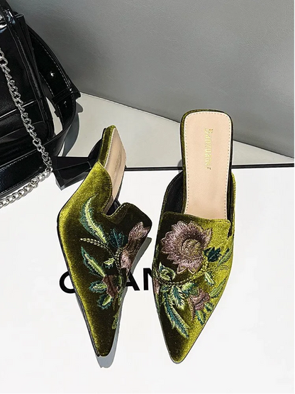 Elegant Velvet Mule Heels Pointed Toe Cone Heel Shoes