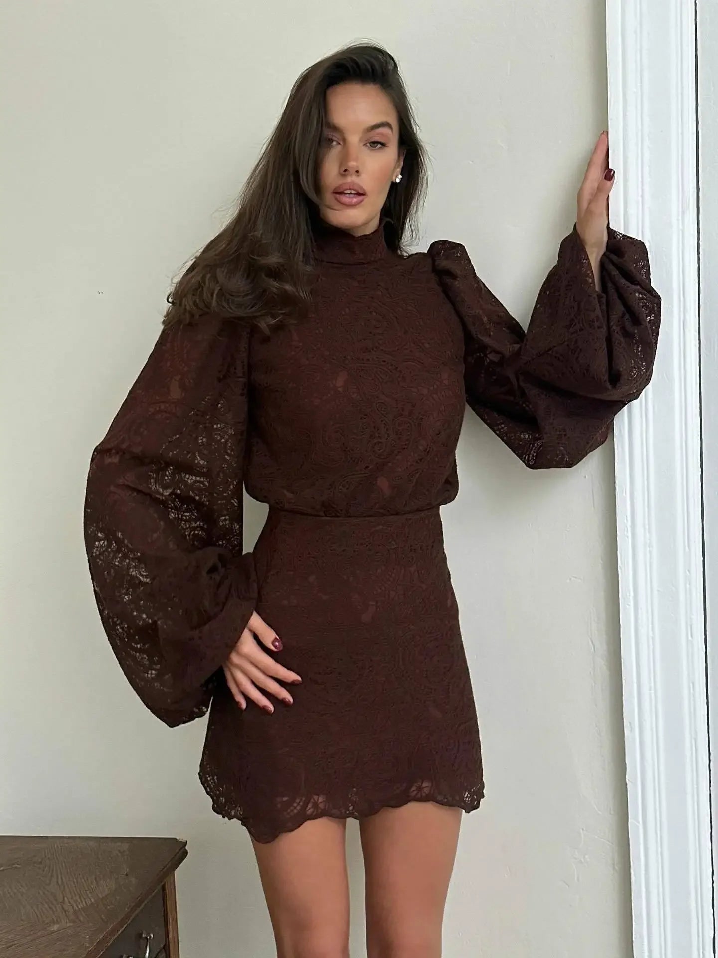 Flared Sleeve High Neck Slim Mini Dress