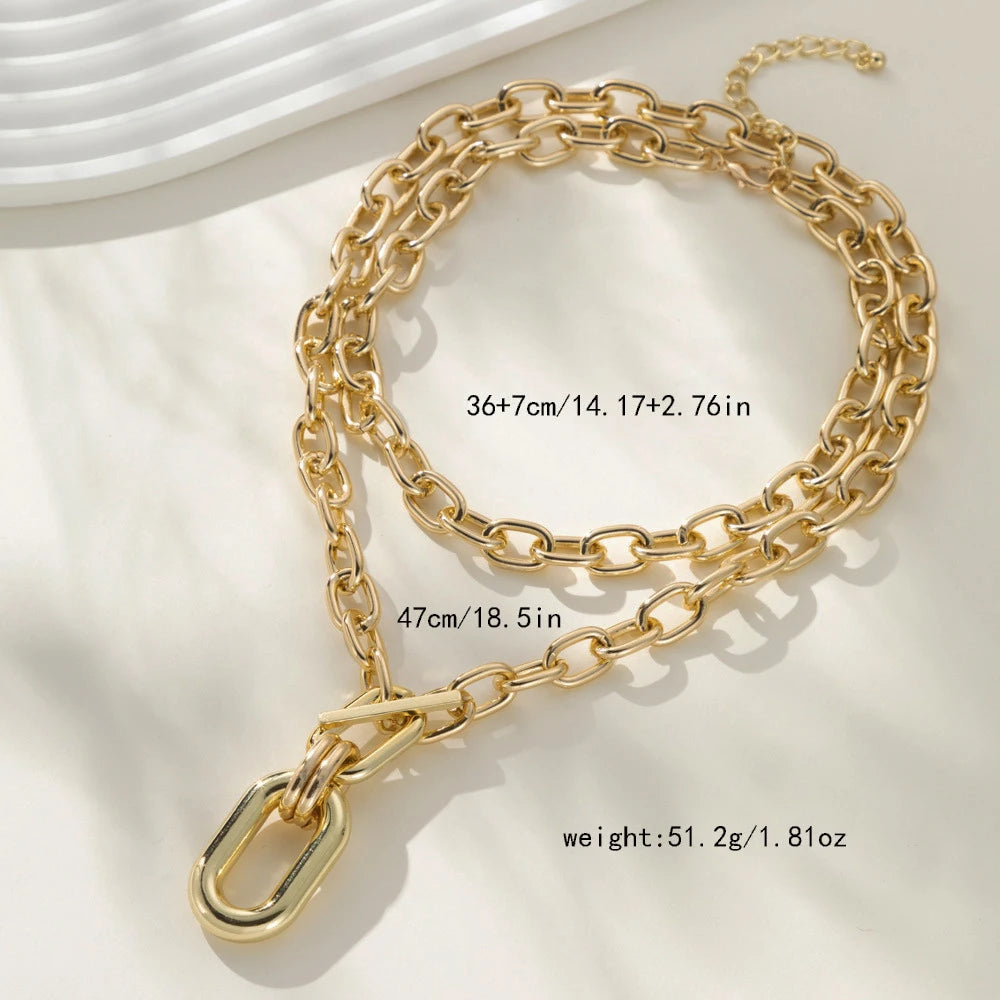 Metal Thick Chains Big Elliptical Pendant Necklace