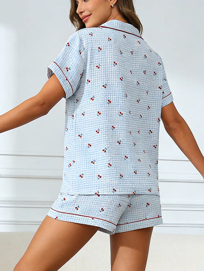 Cardigan Lapel Short Sleeve  Loungewear Cherry Print Pajama Sets
