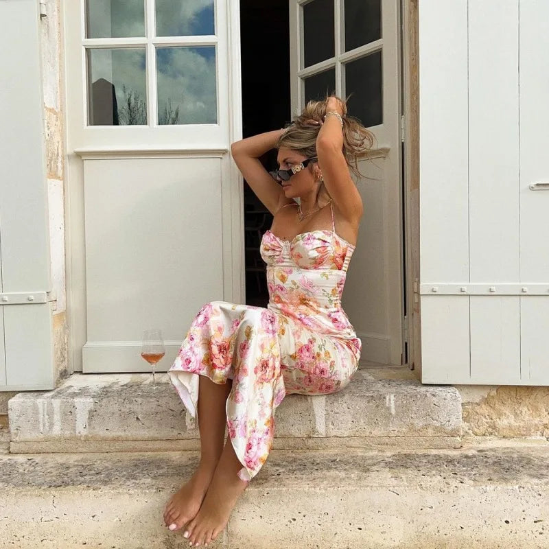 Floral Split Slim Sleeveless Spaghetti Strap Dress Mini Dress