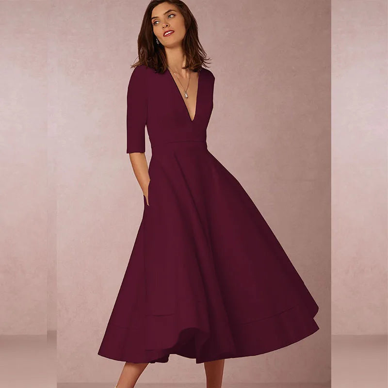 Short Sleeve V-neck Slit Solid High Quality Long Dress