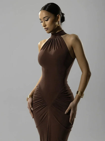 Mozision Halter Ruched Sleeveless Sexy Maxi Dress