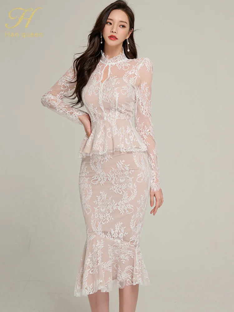Spring Lace High Waist Mermaid Korean Skirts Suits
